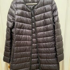 Collarless  lightweight down fill midi coat